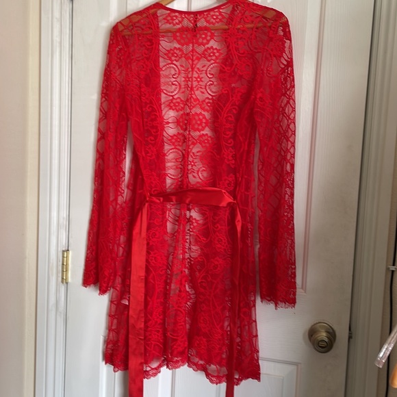 ARIA red sheer lace sexy open front long sleeve wrap robe removable sash tie - Picture 4 of 9